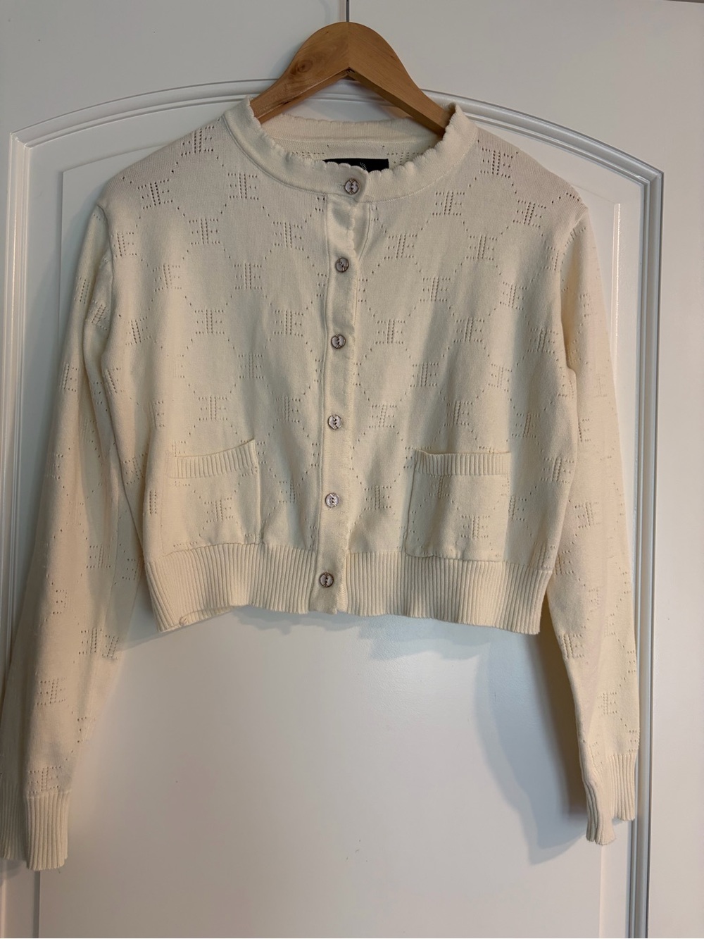 Ellandemm Cream Cropped Cotton Cardigan with Textured Knit S/M